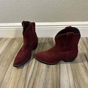 Tecovas Lucy Calfskin Western‎ Bootie Sz 6.5 B Wine Red Suede Cowgirl Festival